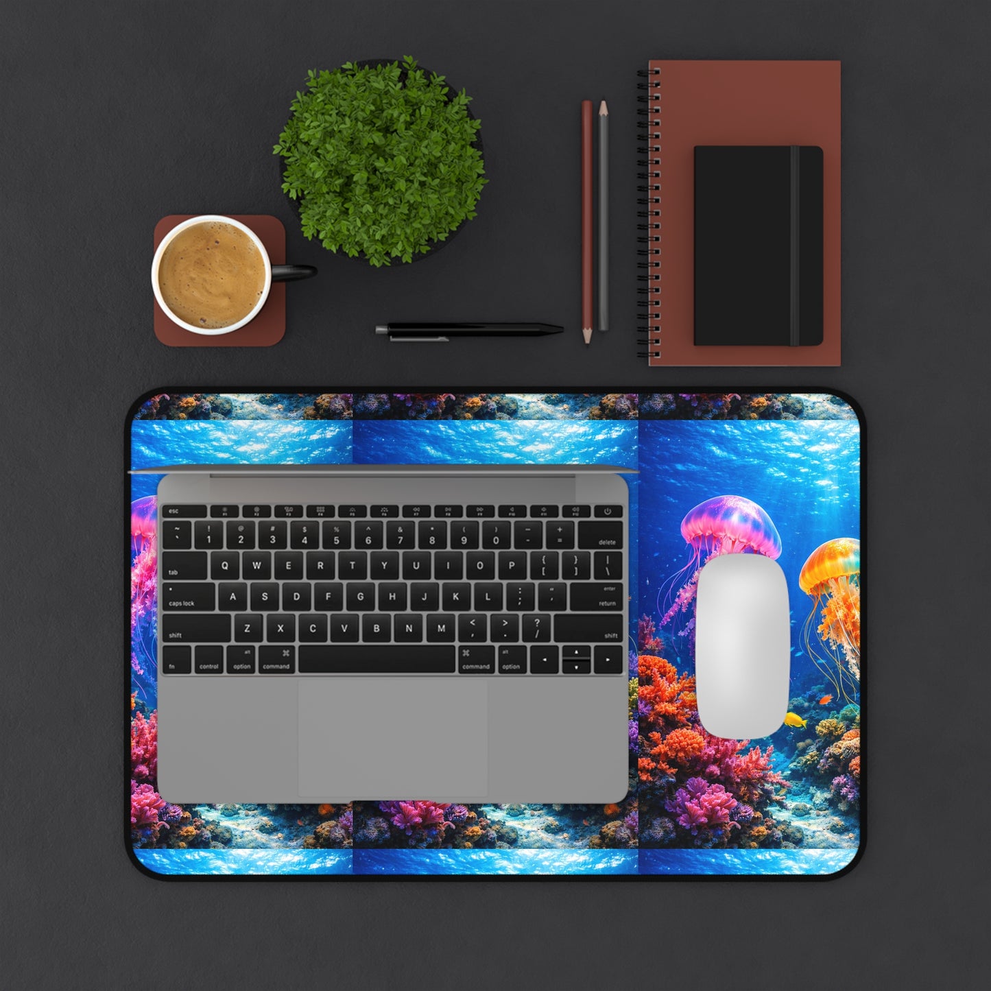 Colorful Jellyfish Underwater Scene Desk Mat | Ocean Coral Reef Mouse Pad