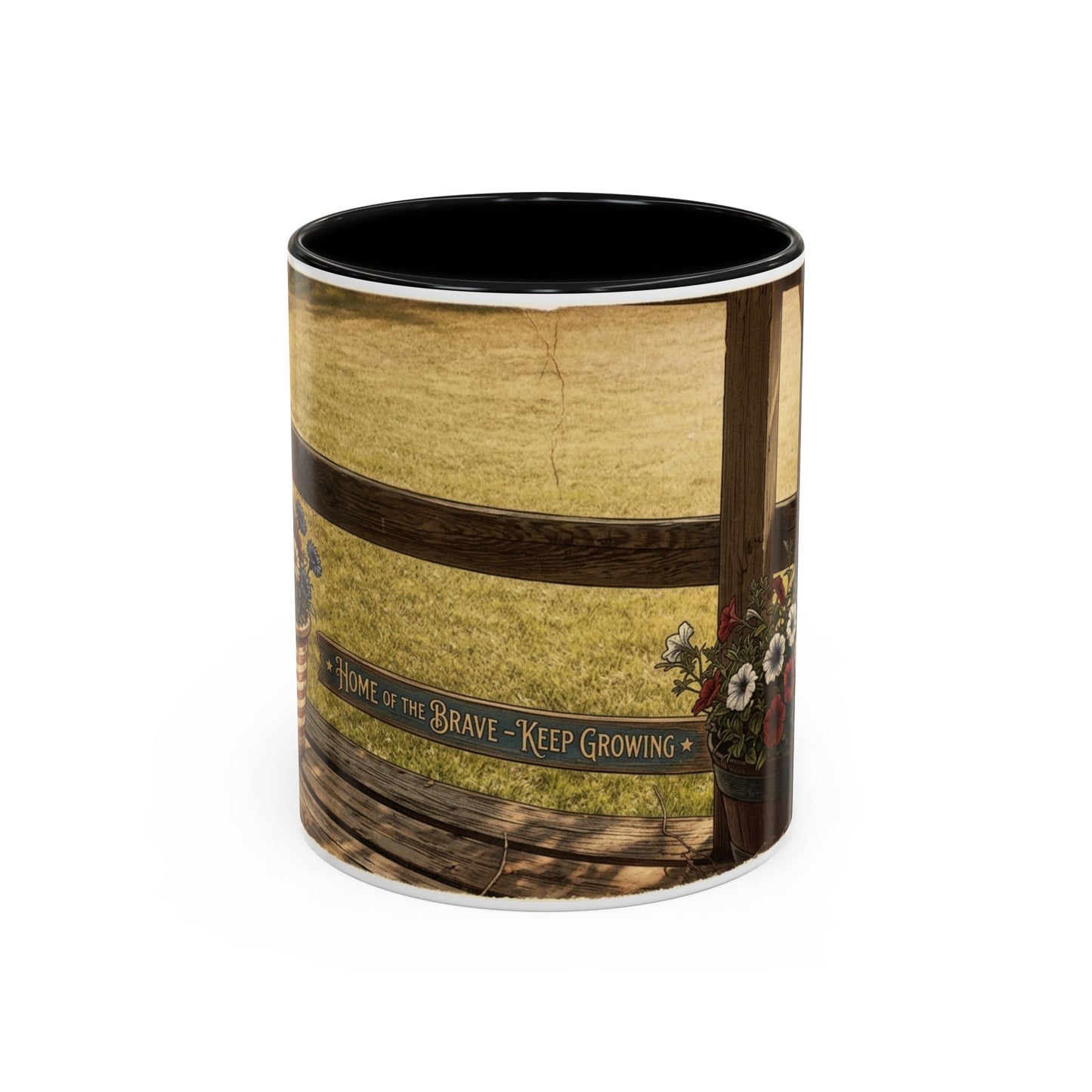 Coffee Mug — Rustic Porch Scene with 'Be Kind Be Brave Keep Growing' Inspirational Quote
