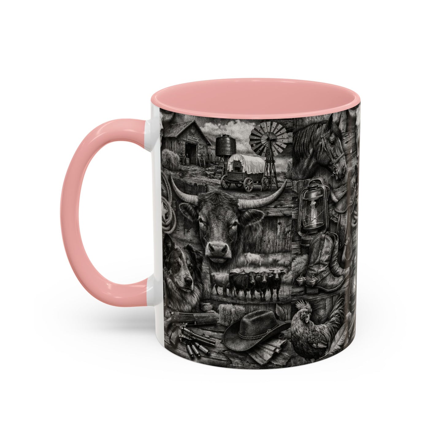 Western Farmhouse Accent Coffee Mug — Rustic Cowboy & Barnyard Collage (11/15oz)