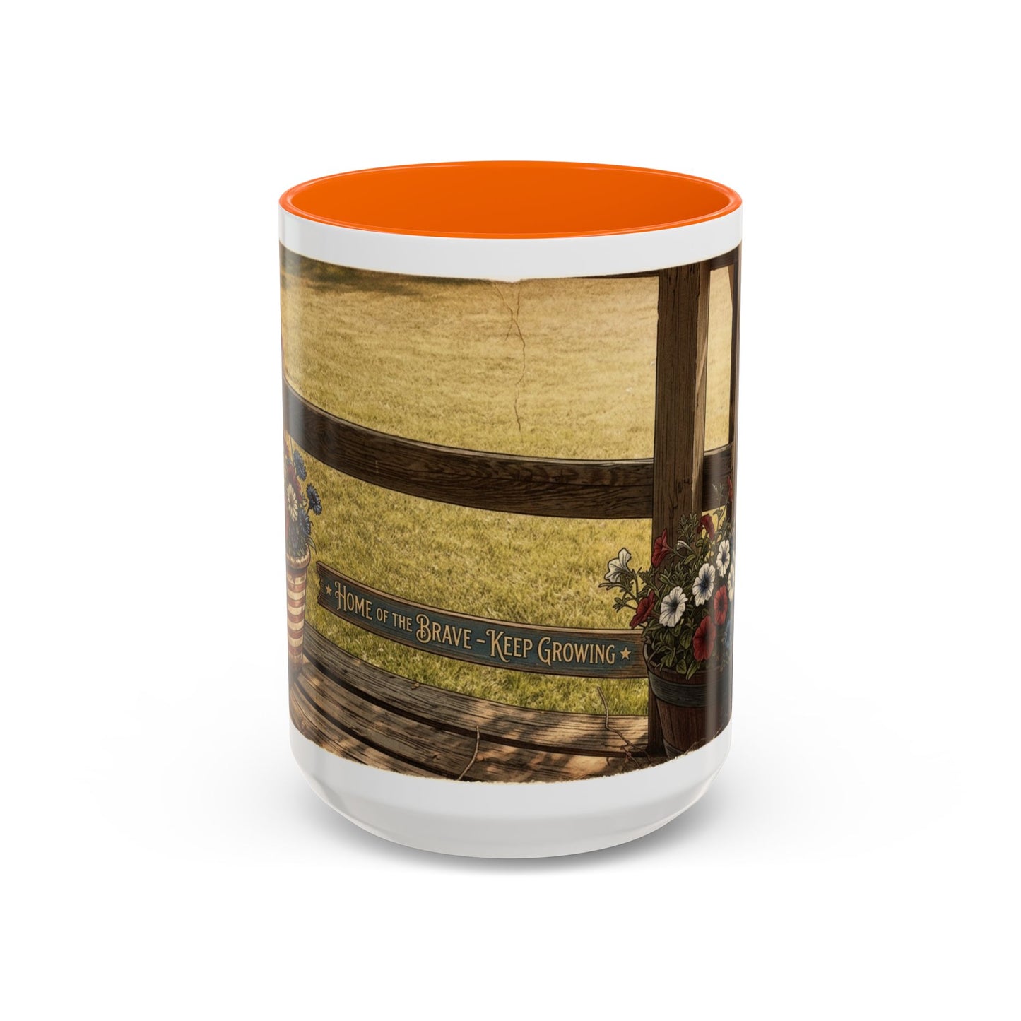 Coffee Mug — Rustic Porch Scene with 'Be Kind Be Brave Keep Growing' Inspirational Quote