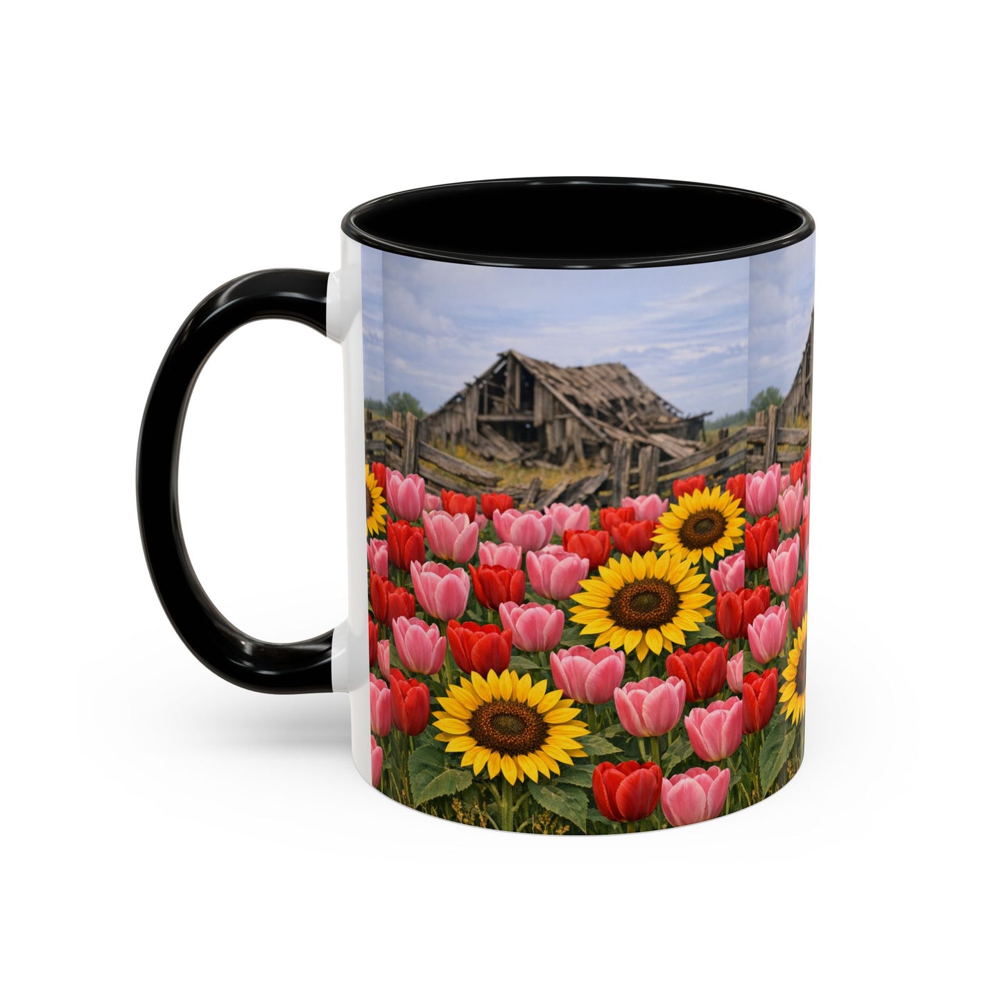 Sunflower & Tulip Farmhouse Coffee Mug – Rustic Barn Floral Accent Mug (11/15oz)