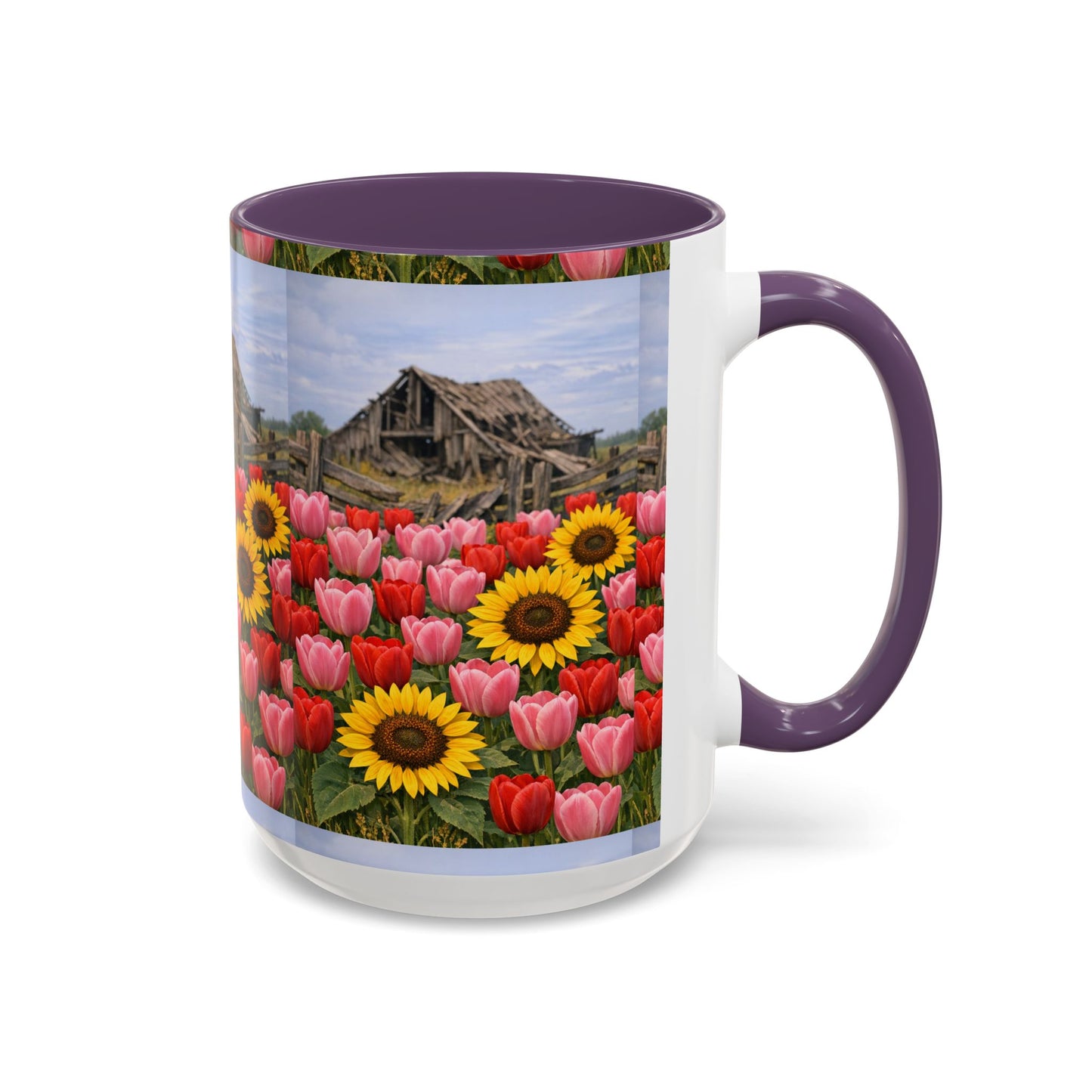 Sunflower & Tulip Farmhouse Coffee Mug – Rustic Barn Floral Accent Mug (11/15oz)