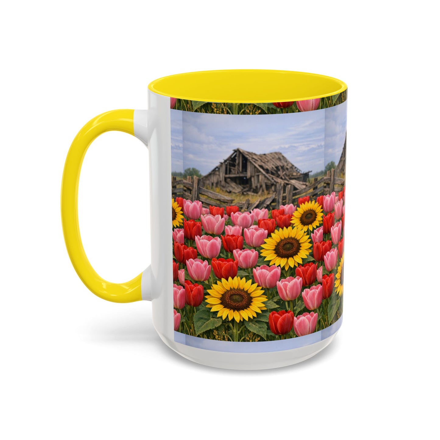 Sunflower & Tulip Farmhouse Coffee Mug – Rustic Barn Floral Accent Mug (11/15oz)