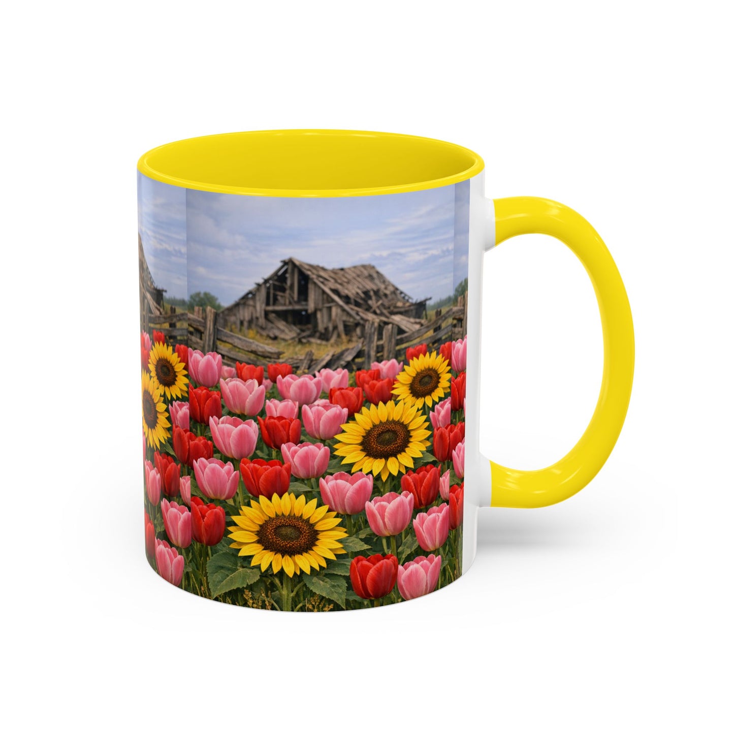 Sunflower & Tulip Farmhouse Coffee Mug – Rustic Barn Floral Accent Mug (11/15oz)