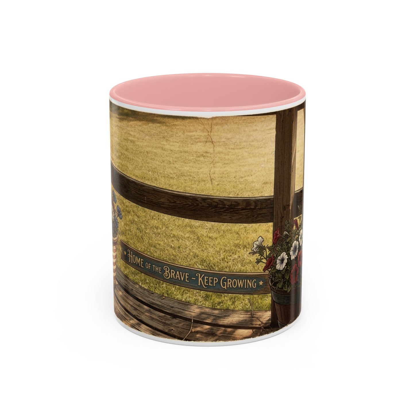Coffee Mug — Rustic Porch Scene with 'Be Kind Be Brave Keep Growing' Inspirational Quote