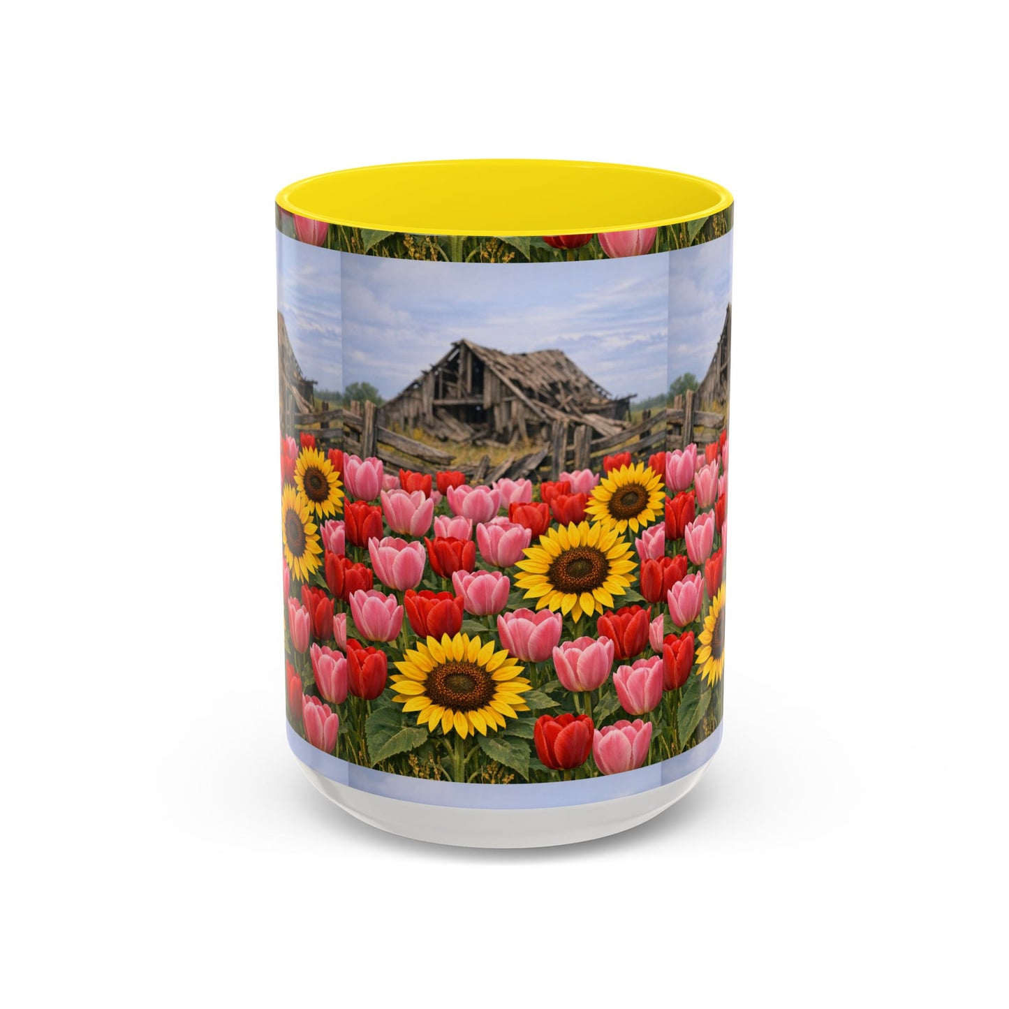Sunflower & Tulip Farmhouse Coffee Mug – Rustic Barn Floral Accent Mug (11/15oz)