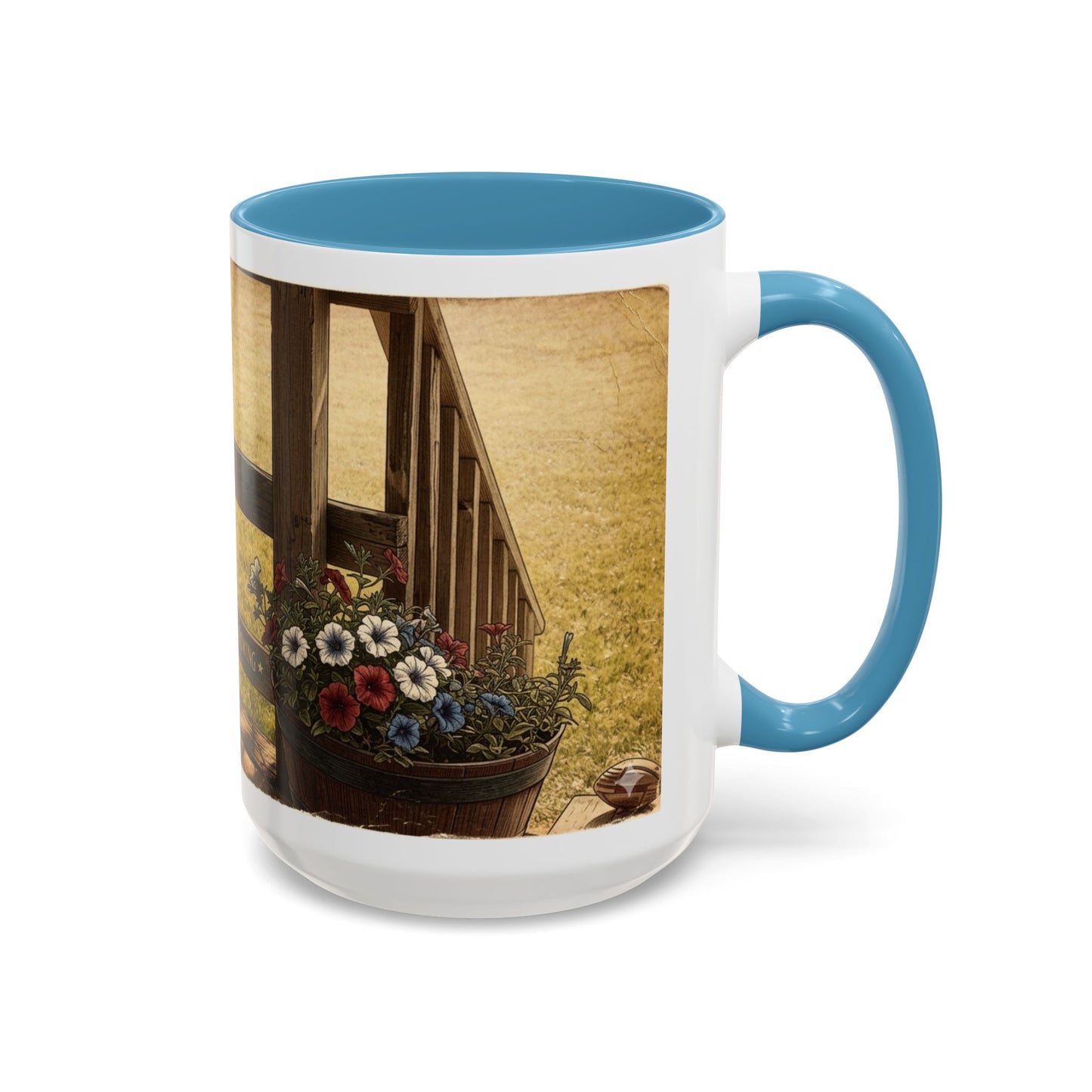 Coffee Mug — Rustic Porch Scene with 'Be Kind Be Brave Keep Growing' Inspirational Quote