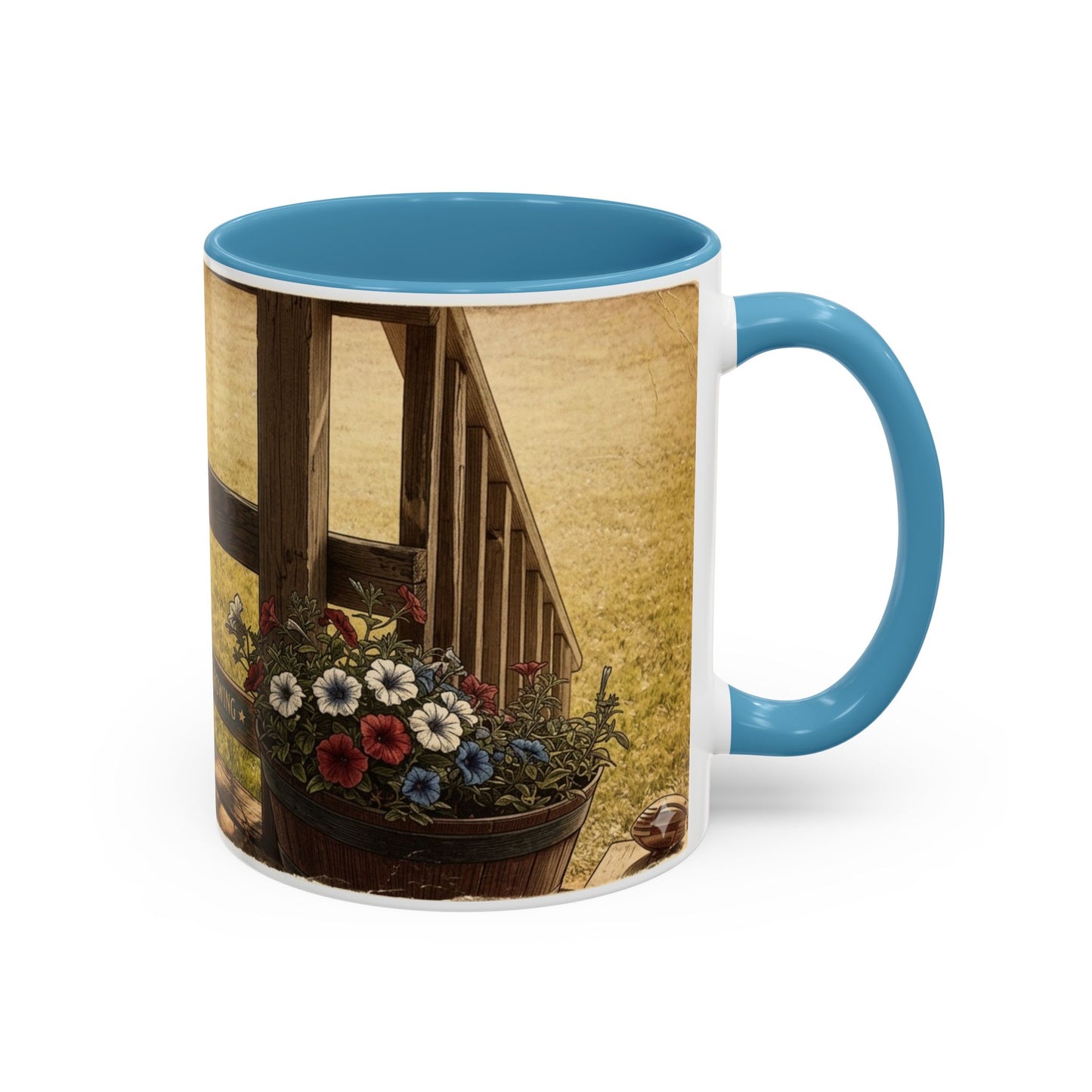 Coffee Mug — Rustic Porch Scene with 'Be Kind Be Brave Keep Growing' Inspirational Quote
