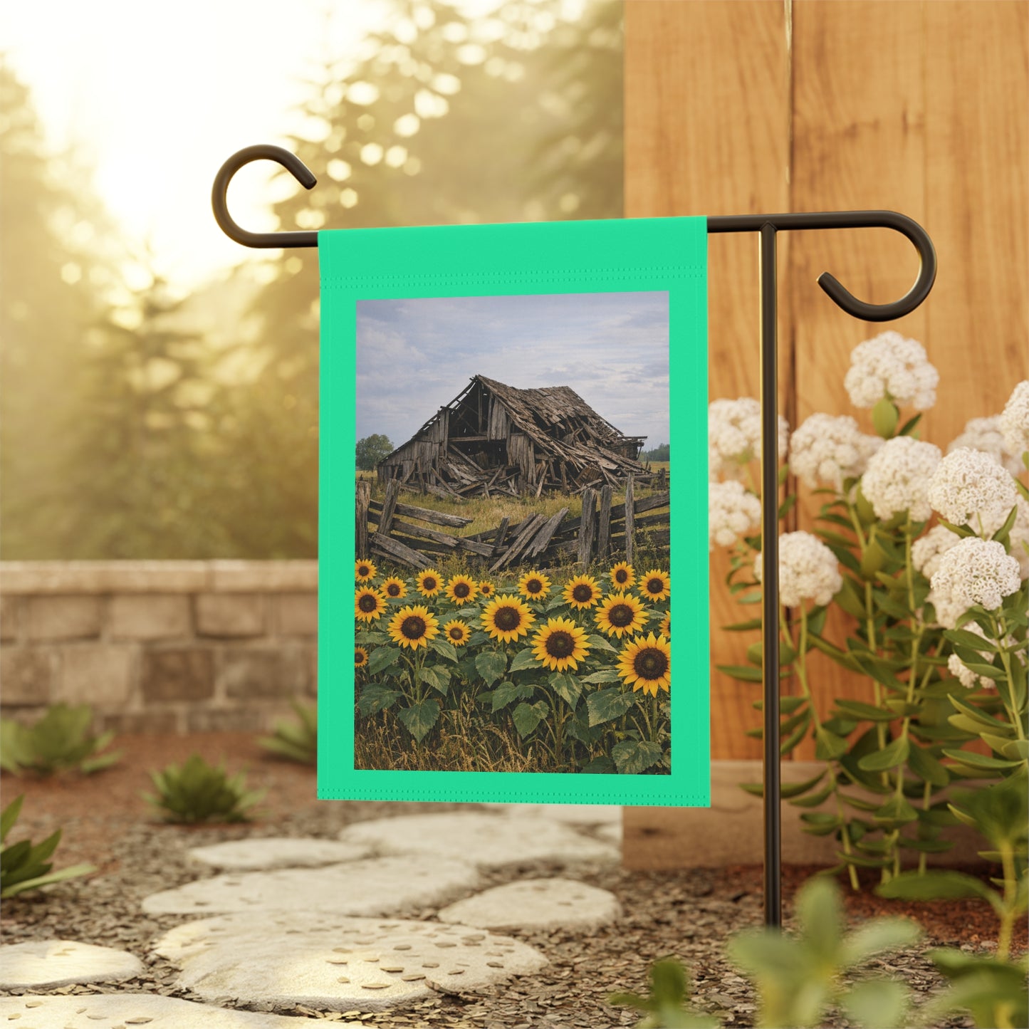 Sunflower Barn Garden Flag — Rustic Farmhouse House Banner