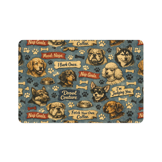 Dog Pattern Pet Food Mat (12x18) — Funny Paw Prints & Sayings Feeding Mat
