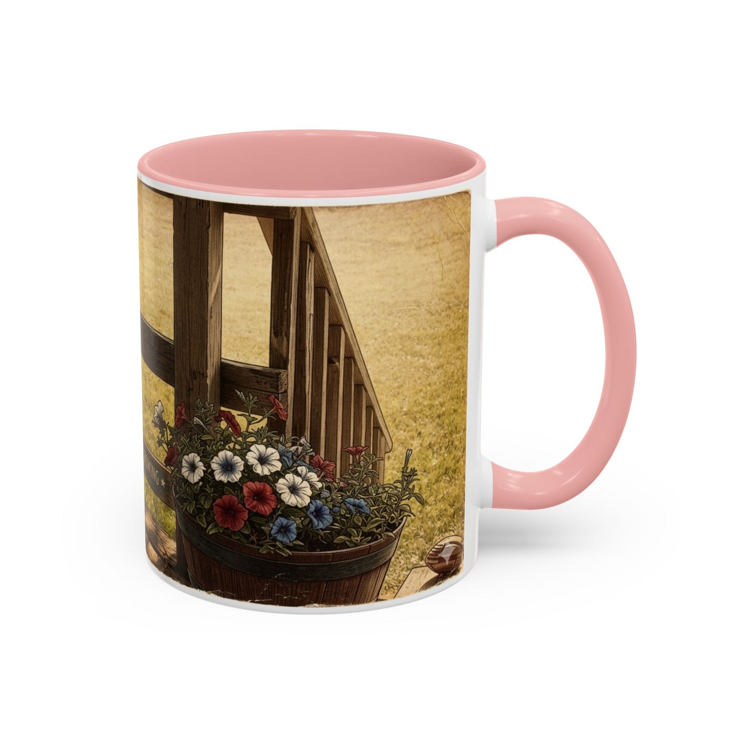 Coffee Mug — Rustic Porch Scene with 'Be Kind Be Brave Keep Growing' Inspirational Quote
