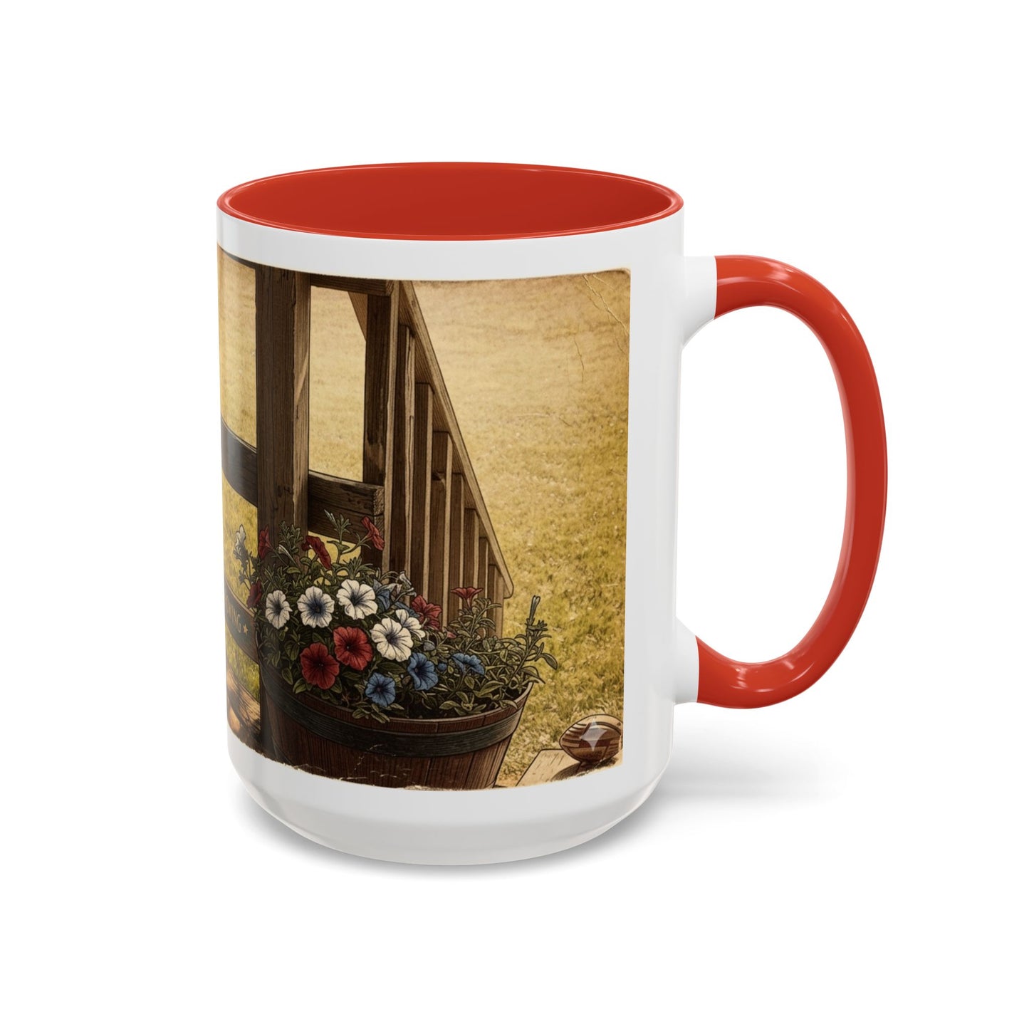 Coffee Mug — Rustic Porch Scene with 'Be Kind Be Brave Keep Growing' Inspirational Quote