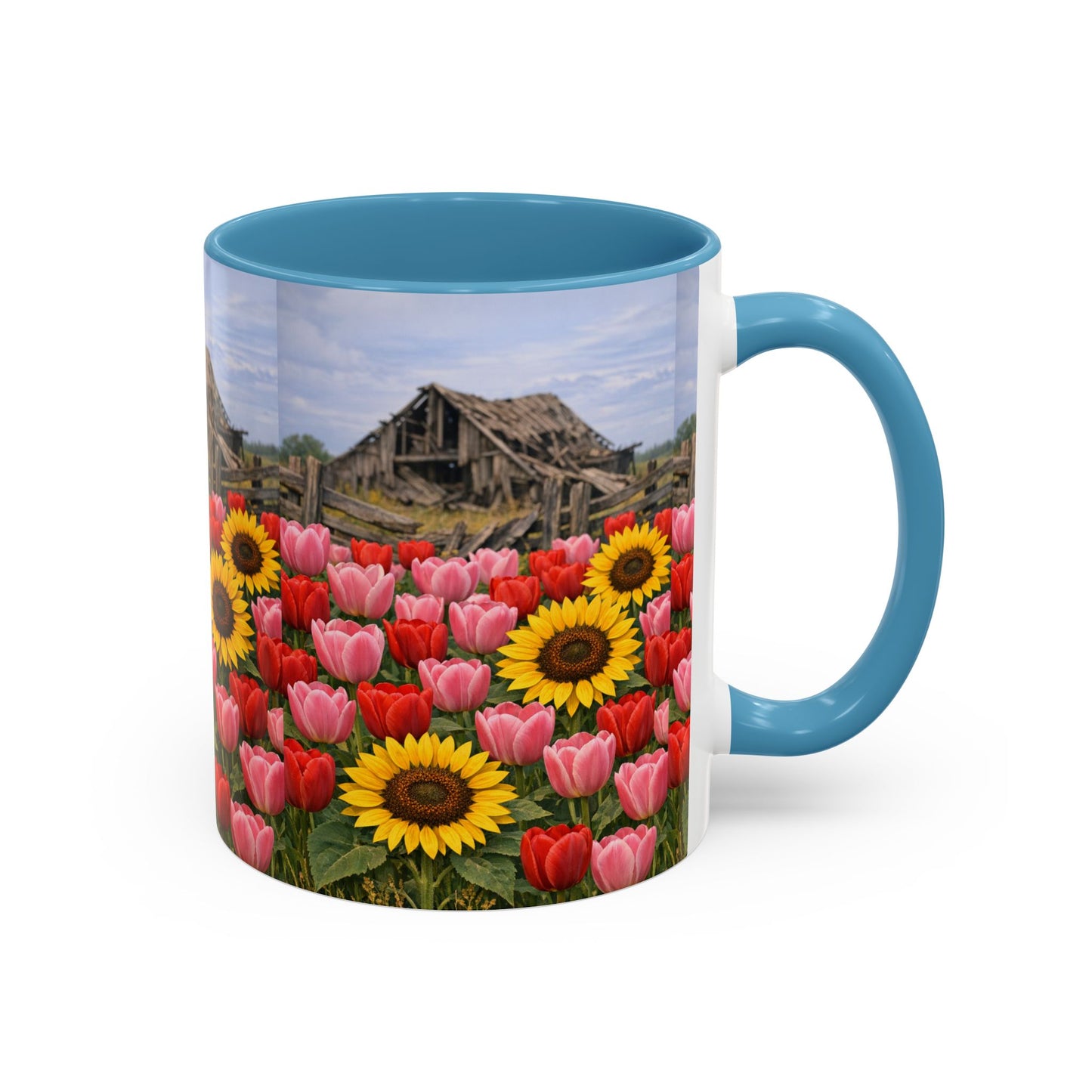 Sunflower & Tulip Farmhouse Coffee Mug – Rustic Barn Floral Accent Mug (11/15oz)