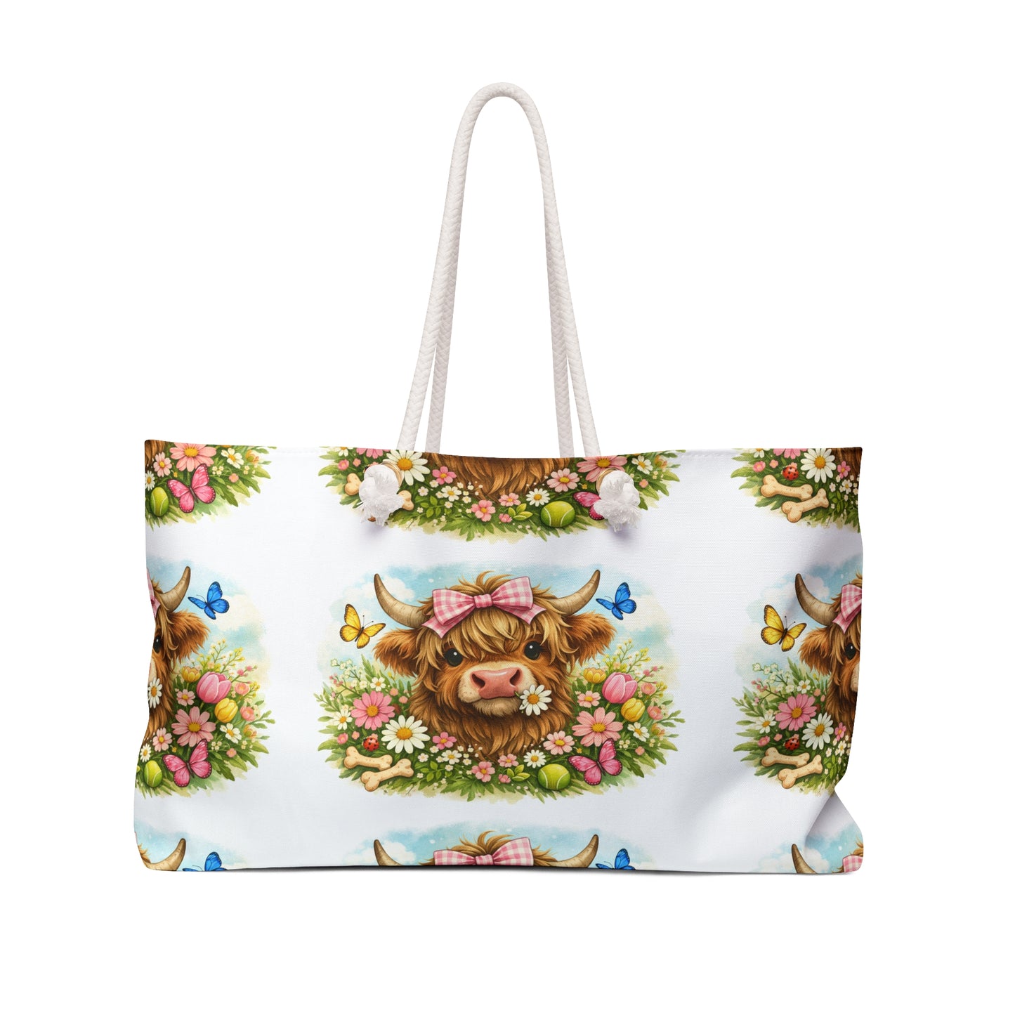 Highland Cow Floral Weekender Bag – Cute Butterflies & Bow Travel Tote
