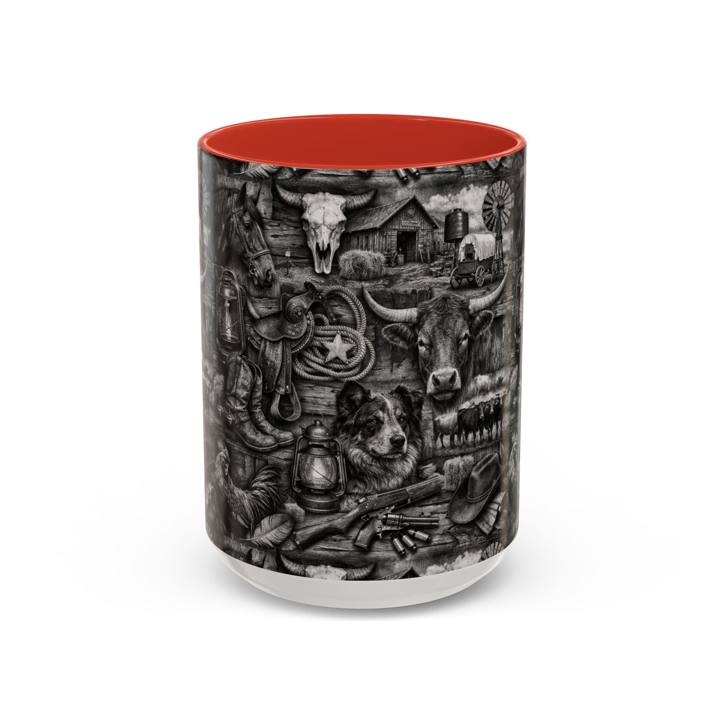 Western Farmhouse Accent Coffee Mug — Rustic Cowboy & Barnyard Collage (11/15oz)