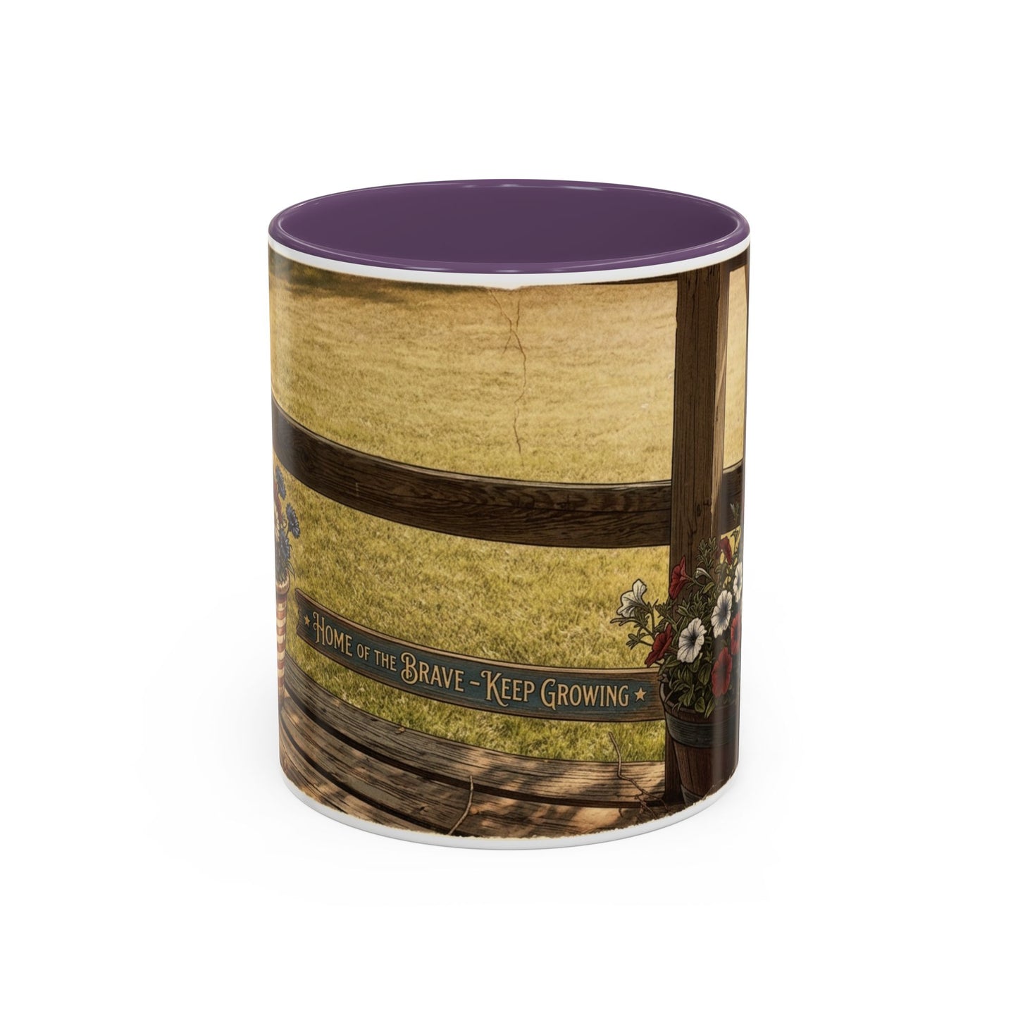Coffee Mug — Rustic Porch Scene with 'Be Kind Be Brave Keep Growing' Inspirational Quote