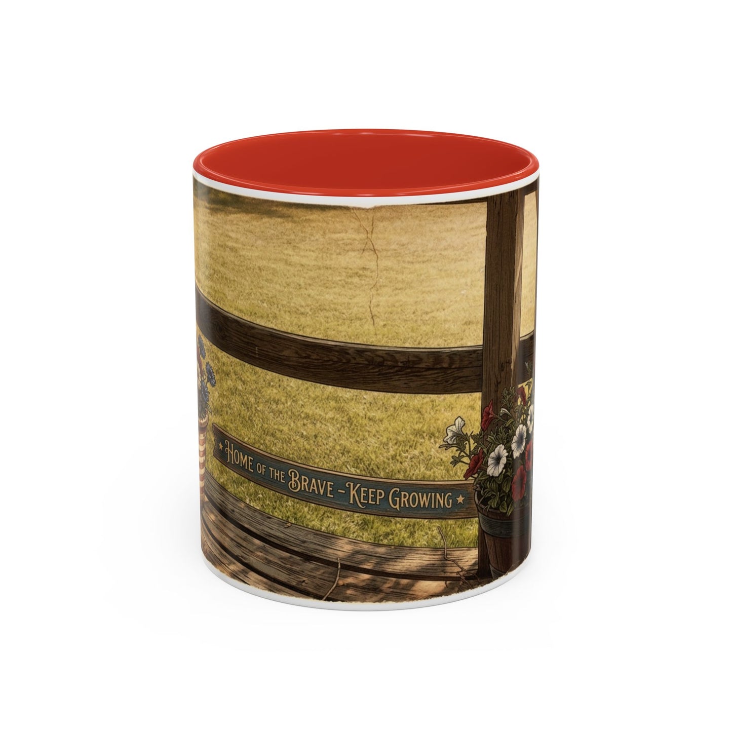 Coffee Mug — Rustic Porch Scene with 'Be Kind Be Brave Keep Growing' Inspirational Quote