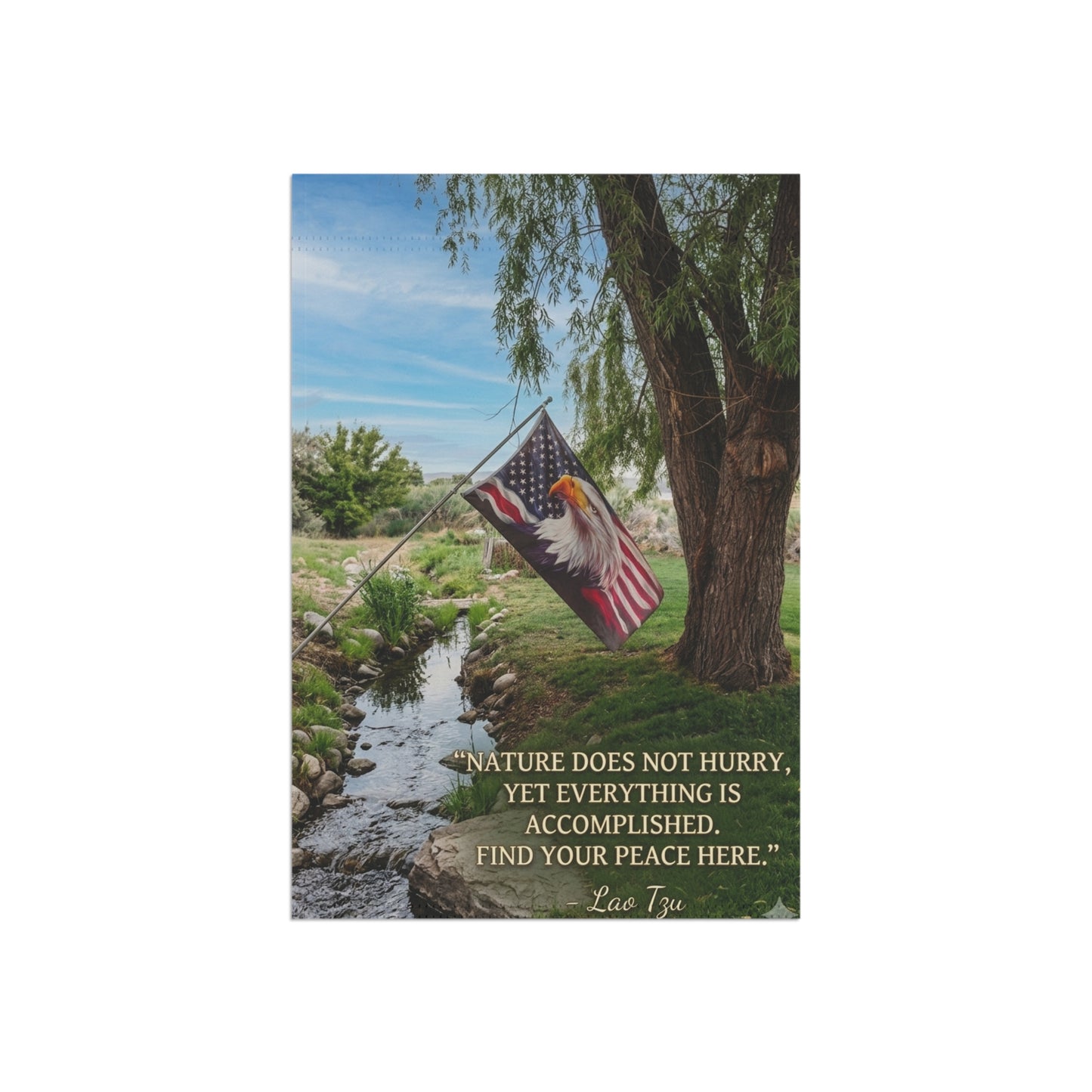 Garden Flag — Scenic Eagle & American Flag with 'Find Your Peace Here' Quote
