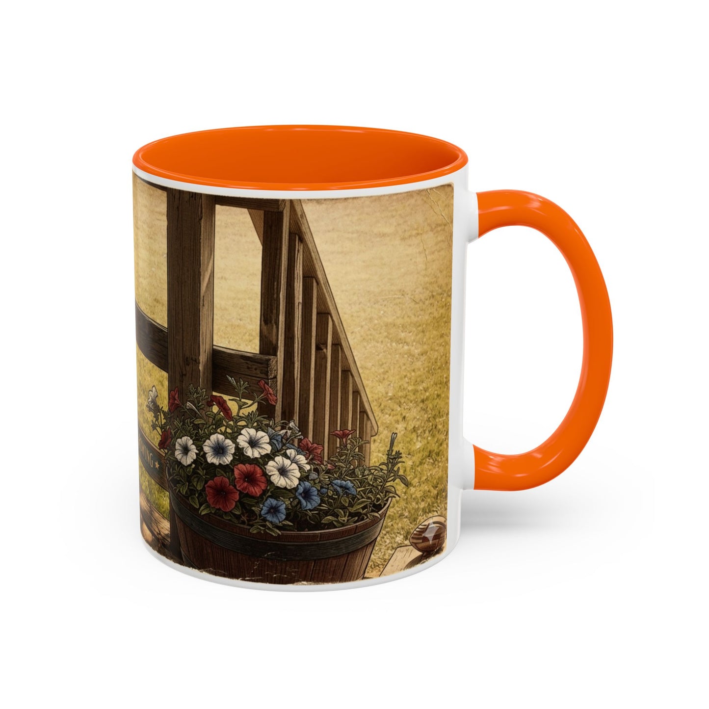 Coffee Mug — Rustic Porch Scene with 'Be Kind Be Brave Keep Growing' Inspirational Quote