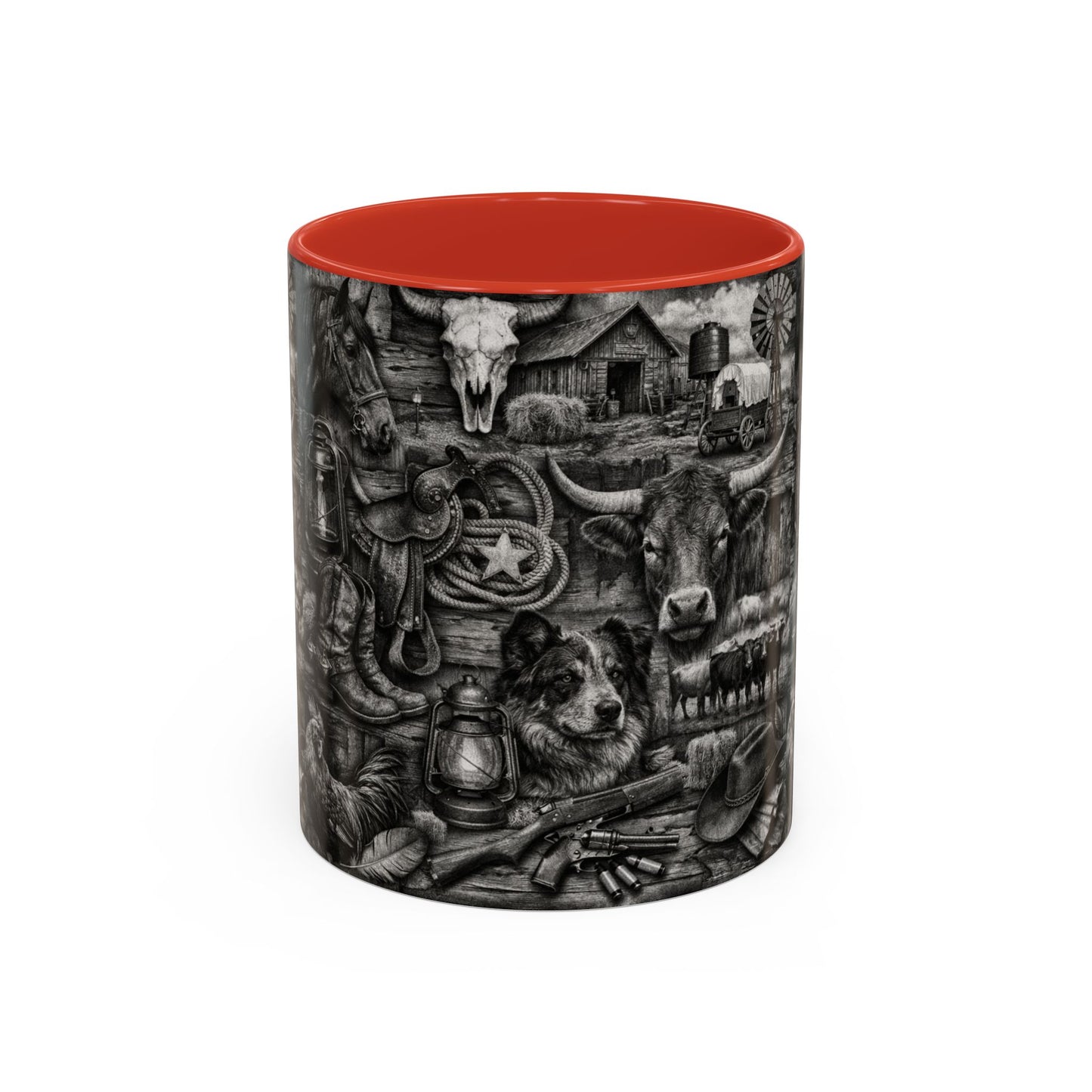 Western Farmhouse Accent Coffee Mug — Rustic Cowboy & Barnyard Collage (11/15oz)