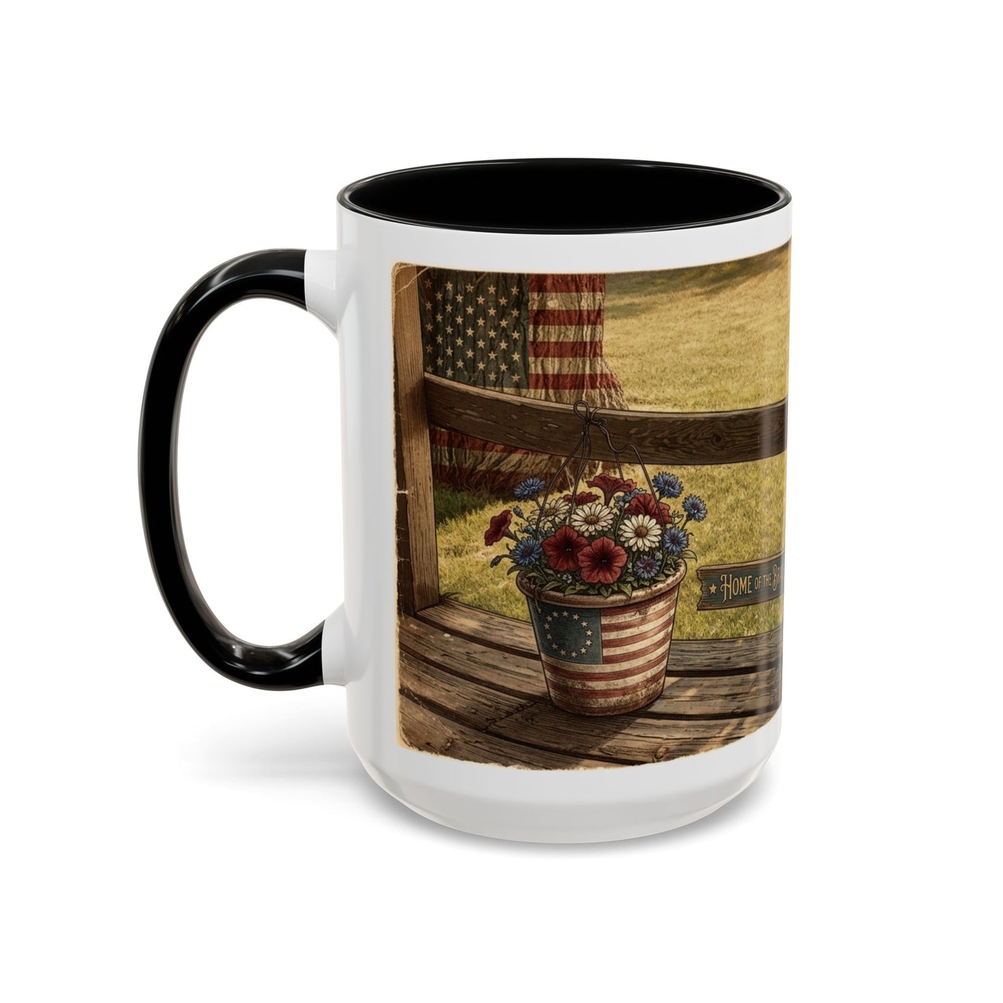 Coffee Mug — Rustic Porch Scene with 'Be Kind Be Brave Keep Growing' Inspirational Quote