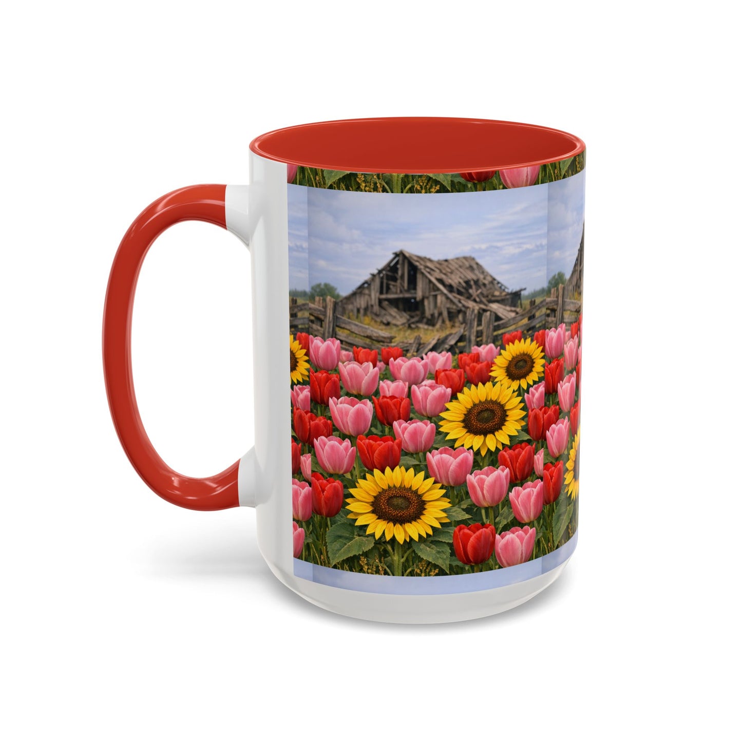 Sunflower & Tulip Farmhouse Coffee Mug – Rustic Barn Floral Accent Mug (11/15oz)