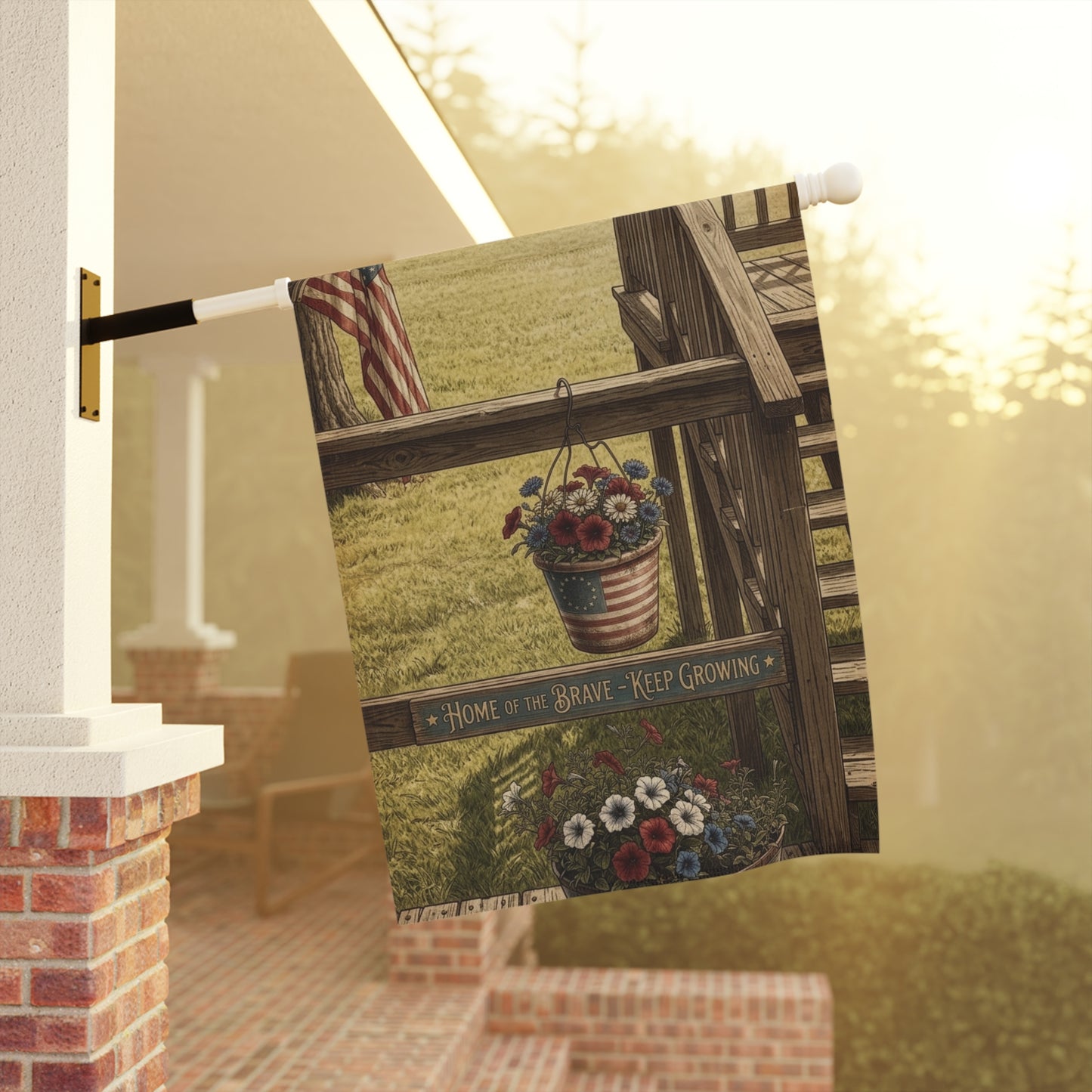 Patriotic Floral Garden Flag — "Home of the Brave, Keep Growing"