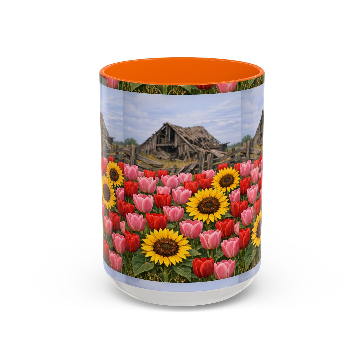 Sunflower & Tulip Farmhouse Coffee Mug – Rustic Barn Floral Accent Mug (11/15oz)