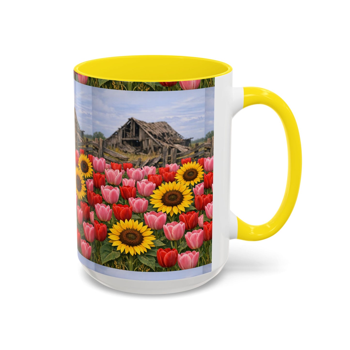 Sunflower & Tulip Farmhouse Coffee Mug – Rustic Barn Floral Accent Mug (11/15oz)