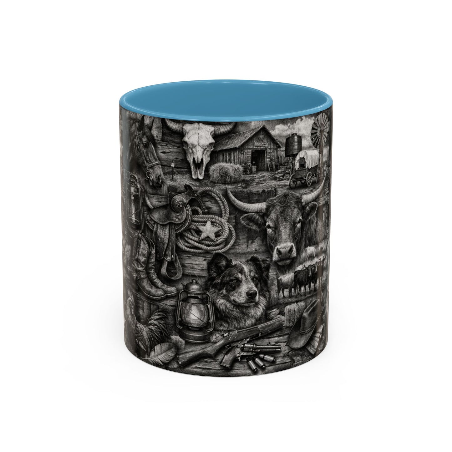 Western Farmhouse Accent Coffee Mug — Rustic Cowboy & Barnyard Collage (11/15oz)