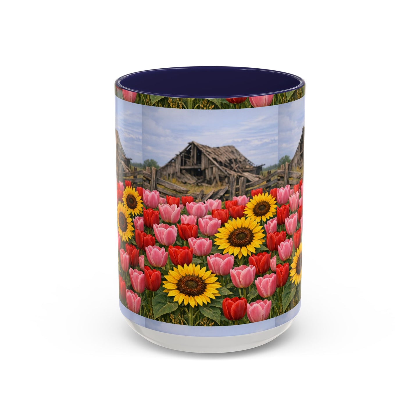 Sunflower & Tulip Farmhouse Coffee Mug – Rustic Barn Floral Accent Mug (11/15oz)