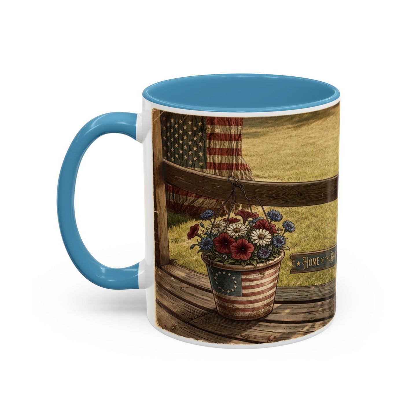 Coffee Mug — Rustic Porch Scene with 'Be Kind Be Brave Keep Growing' Inspirational Quote