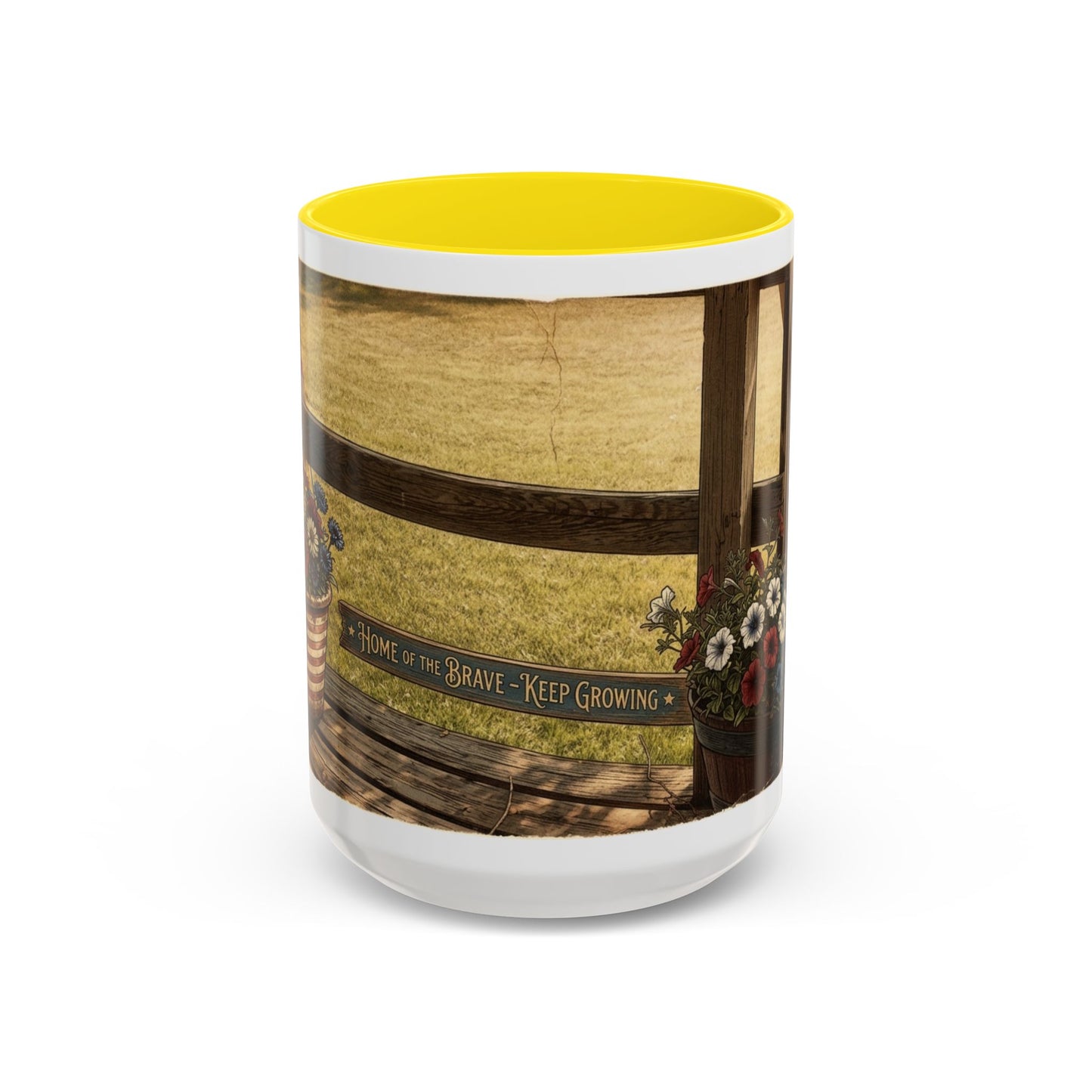 Coffee Mug — Rustic Porch Scene with 'Be Kind Be Brave Keep Growing' Inspirational Quote