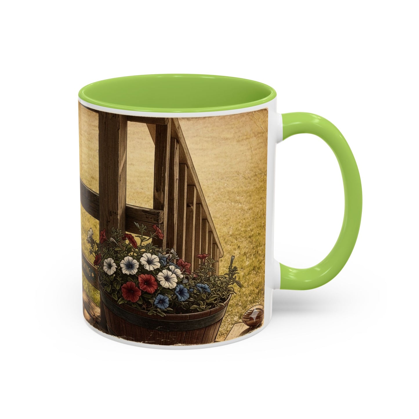 Coffee Mug — Rustic Porch Scene with 'Be Kind Be Brave Keep Growing' Inspirational Quote