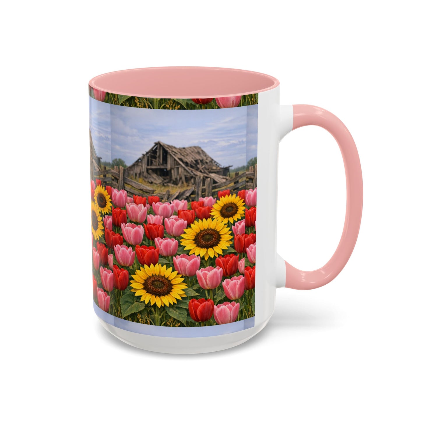 Sunflower & Tulip Farmhouse Coffee Mug – Rustic Barn Floral Accent Mug (11/15oz)