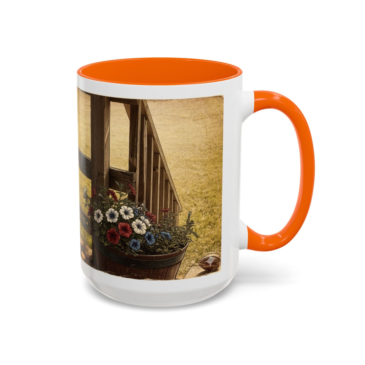 Coffee Mug — Rustic Porch Scene with 'Be Kind Be Brave Keep Growing' Inspirational Quote