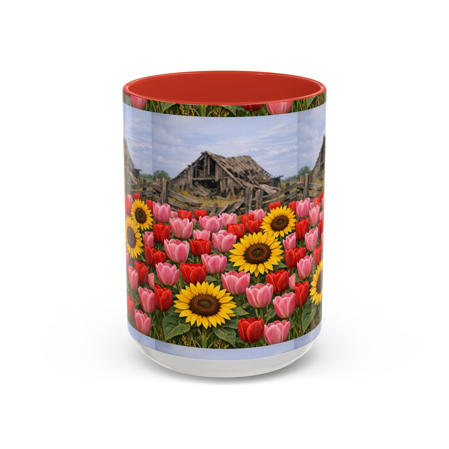 Sunflower & Tulip Farmhouse Coffee Mug – Rustic Barn Floral Accent Mug (11/15oz)