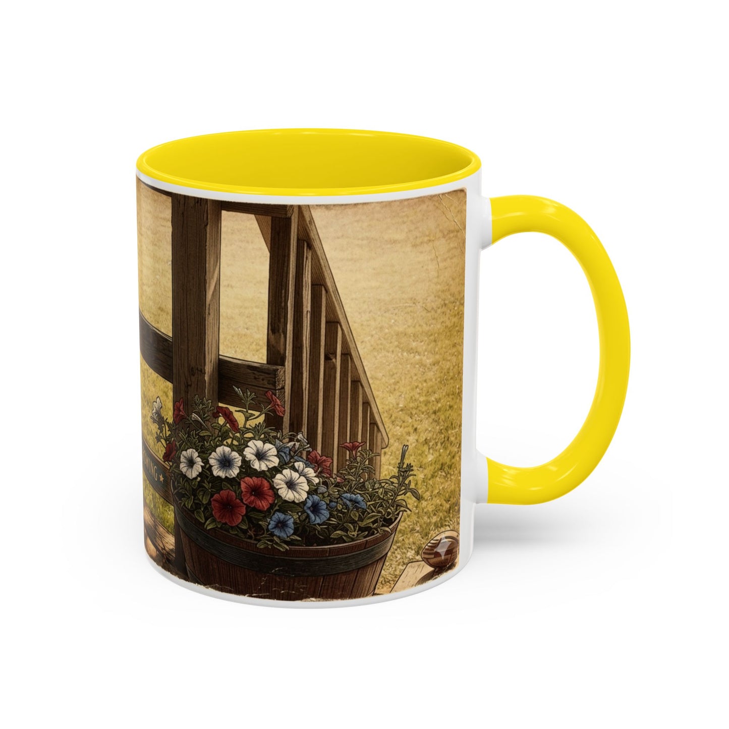 Coffee Mug — Rustic Porch Scene with 'Be Kind Be Brave Keep Growing' Inspirational Quote
