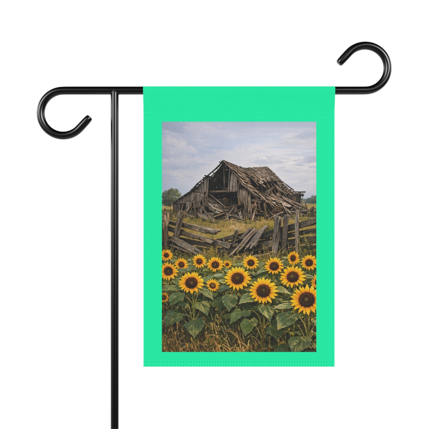 Sunflower Barn Garden Flag — Rustic Farmhouse House Banner