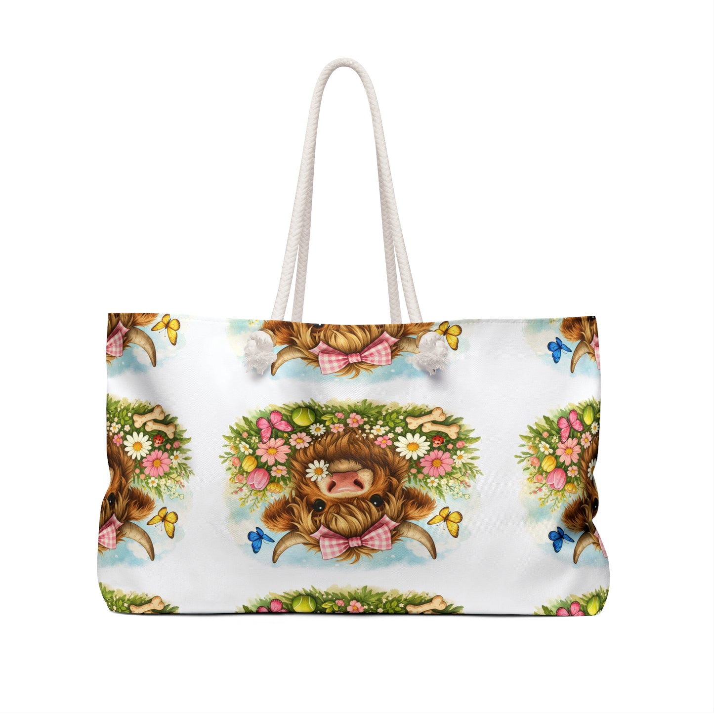 Highland Cow Floral Weekender Bag – Cute Butterflies & Bow Travel Tote