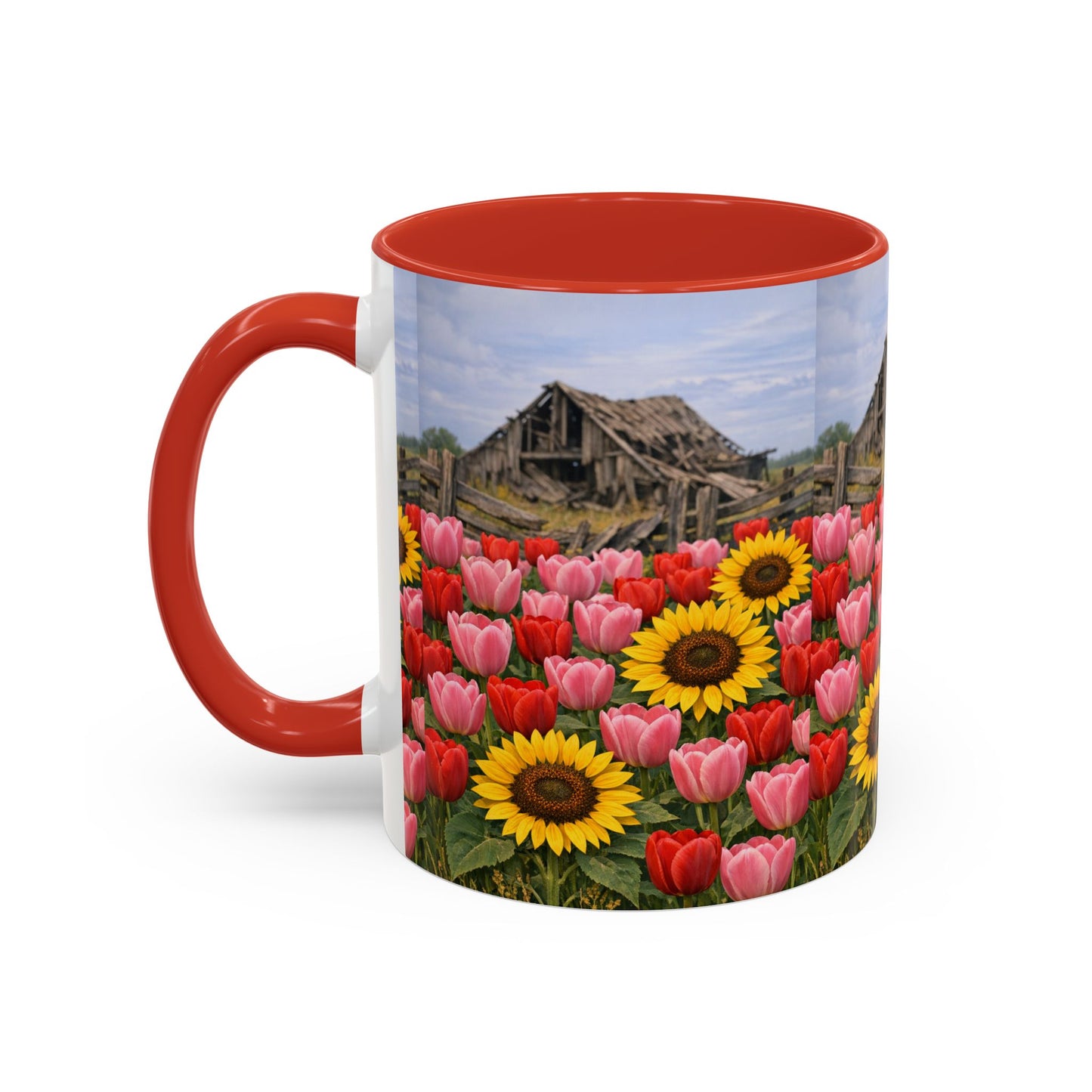 Sunflower & Tulip Farmhouse Coffee Mug – Rustic Barn Floral Accent Mug (11/15oz)
