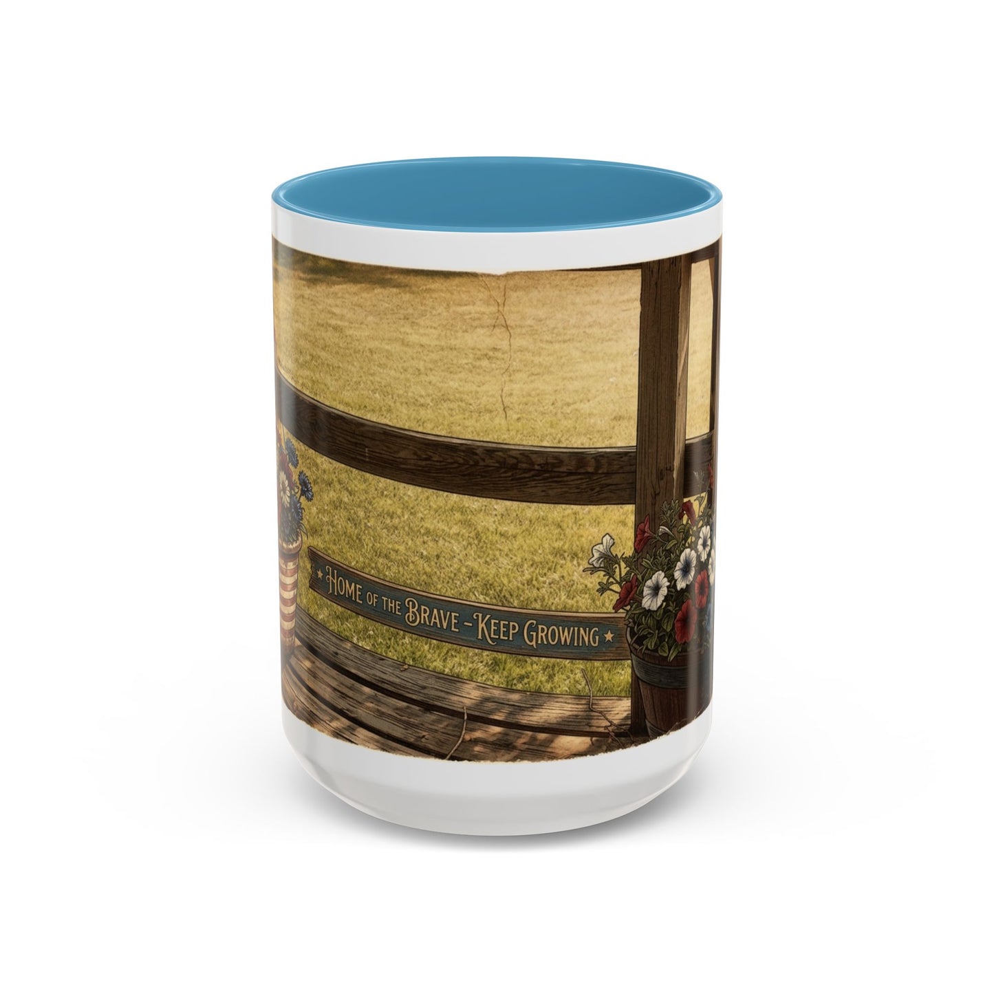 Coffee Mug — Rustic Porch Scene with 'Be Kind Be Brave Keep Growing' Inspirational Quote