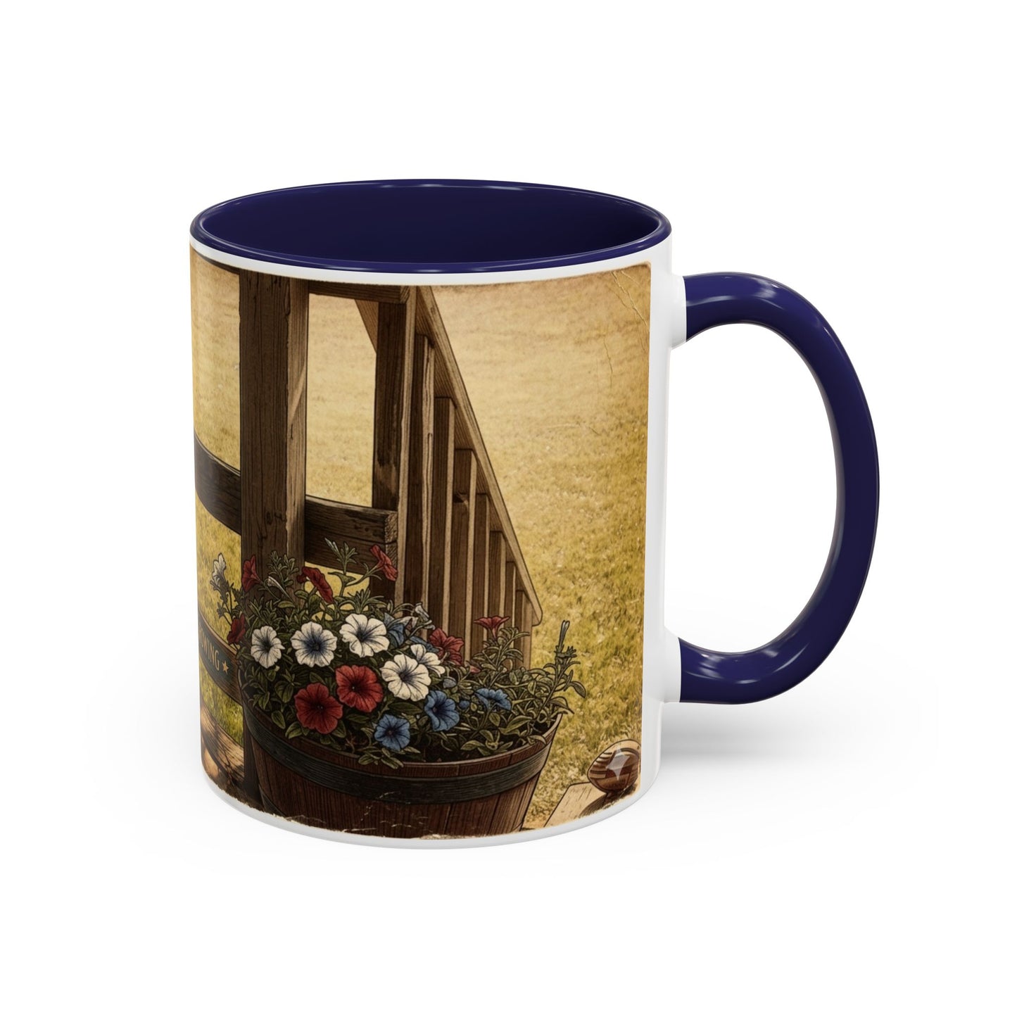 Coffee Mug — Rustic Porch Scene with 'Be Kind Be Brave Keep Growing' Inspirational Quote
