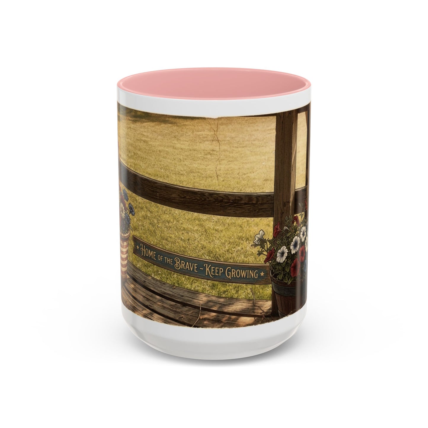 Coffee Mug — Rustic Porch Scene with 'Be Kind Be Brave Keep Growing' Inspirational Quote